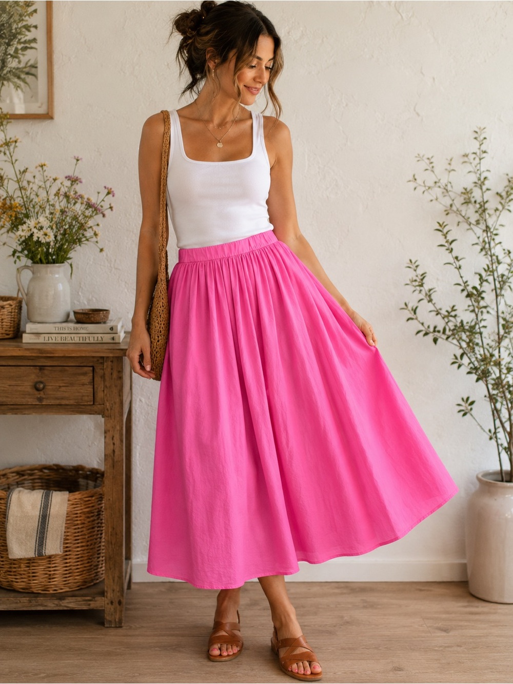 Farmers Market Pink Cotton Midi Skirt Full Gathered Cottagecore Lined L